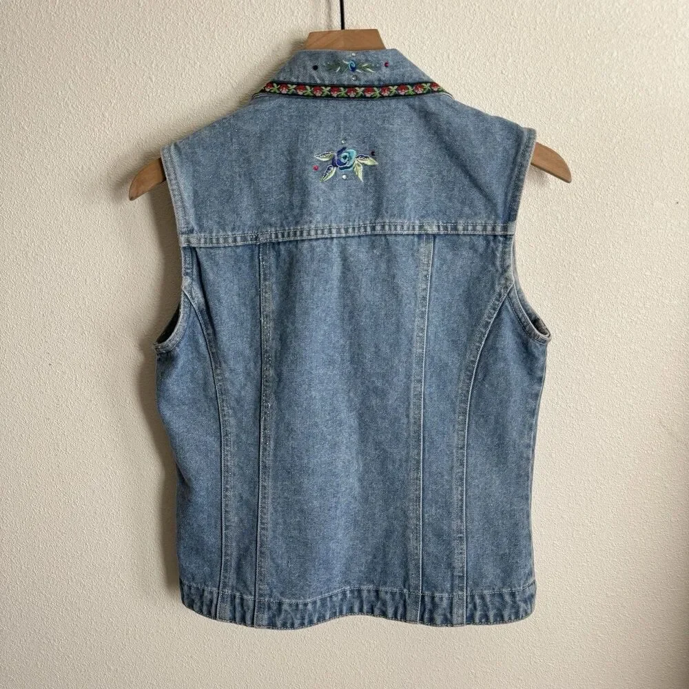 Vtg Y2K Bill Blass Vest Womens Small Blue Embroidered Festival Boho Hippie Denim